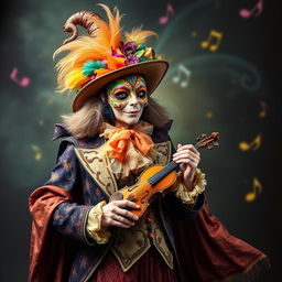 A tall and fantastical witch wearing a vibrant costume inspired by the theatre of comedy, featuring a colorful mask and extravagant details