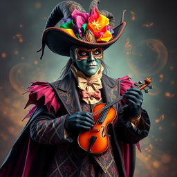 A tall and fantastical witch wearing a vibrant costume inspired by the theatre of comedy, featuring a colorful mask and extravagant details