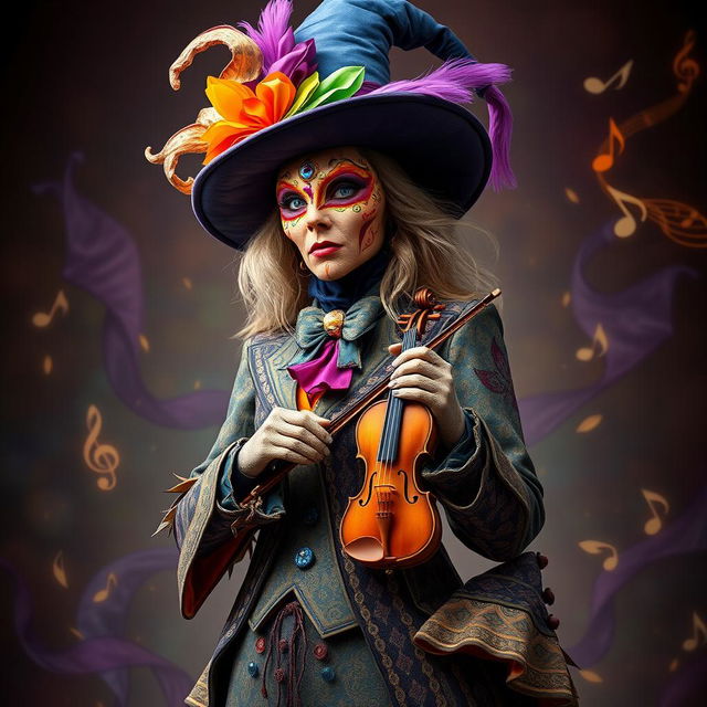 A tall and fantastical witch wearing a vibrant costume inspired by the theatre of comedy, featuring a colorful mask and extravagant details