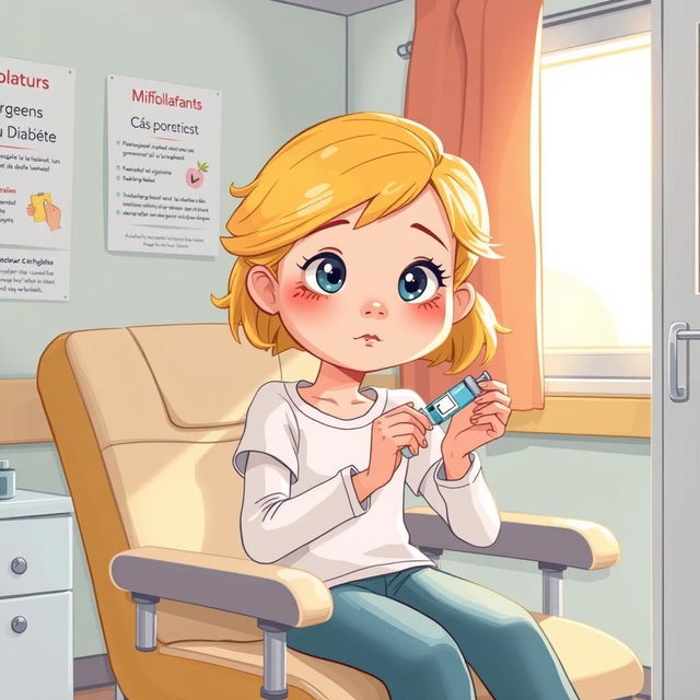 Une illustration d'une fillette de 7 ans aux cheveux blonds, s'administrant une injection d'insuline à l'hôpital