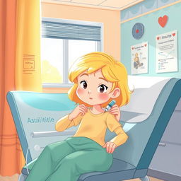 Une illustration d'une fillette de 7 ans aux cheveux blonds, s'administrant une injection d'insuline à l'hôpital