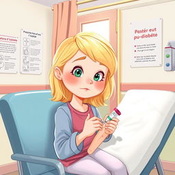 Une illustration d'une fillette de 7 ans aux cheveux blonds, s'administrant une injection d'insuline à l'hôpital