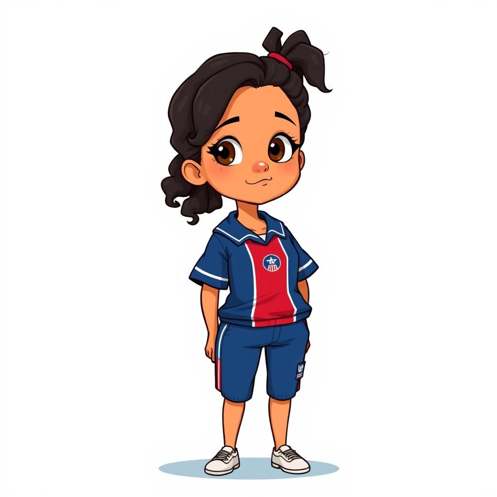 A full-body cartoon illustration of a 15-year-old girl in a school uniform, featuring curly black hair tied in a ponytail, tanned skin, brown eyes, and a slightly crooked nose