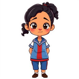 A full-body cartoon illustration of a 15-year-old girl in a school uniform, featuring curly black hair tied in a ponytail, tanned skin, brown eyes, and a slightly crooked nose