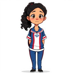 A full-body cartoon illustration of a 15-year-old girl in a school uniform, featuring curly black hair tied in a ponytail, tanned skin, brown eyes, and a slightly crooked nose