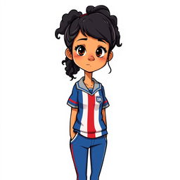 A full-body cartoon illustration of a 15-year-old girl in a school uniform, featuring curly black hair tied in a ponytail, tanned skin, brown eyes, and a slightly crooked nose