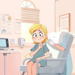 Une illustration d'une fillette de 7 ans aux cheveux blonds, s'administrant avec assurance mais aussi une légère peur une injection d'insuline à l'hôpital