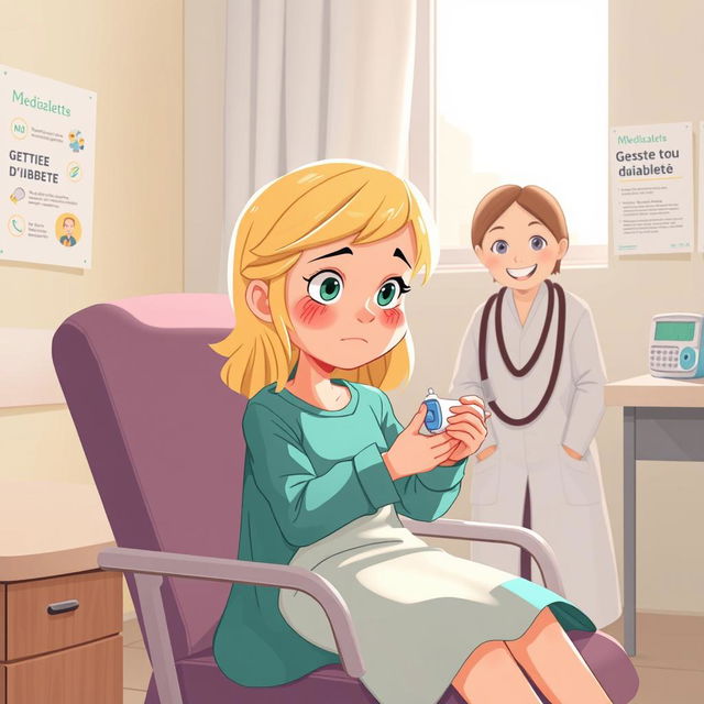 Une illustration d'une fillette de 7 ans aux cheveux blonds, s'administrant avec assurance mais aussi une légère peur une injection d'insuline à l'hôpital