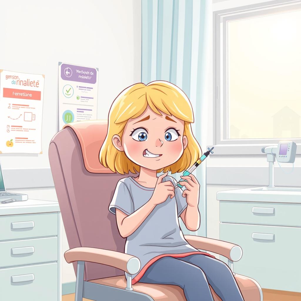 Une illustration d'une fillette de 7 ans aux cheveux blonds, s'administrant avec assurance mais aussi une légère peur une injection d'insuline à l'hôpital