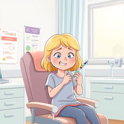 Une illustration d'une fillette de 7 ans aux cheveux blonds, s'administrant avec assurance mais aussi une légère peur une injection d'insuline à l'hôpital