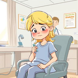 Une illustration d'une fillette de 7 ans aux cheveux blonds, s'administrant avec assurance mais aussi une légère peur une injection d'insuline à l'hôpital