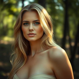 A beautiful nude blonde woman gracefully posing in a soft, natural environment with gentle sunlight filtering through the trees