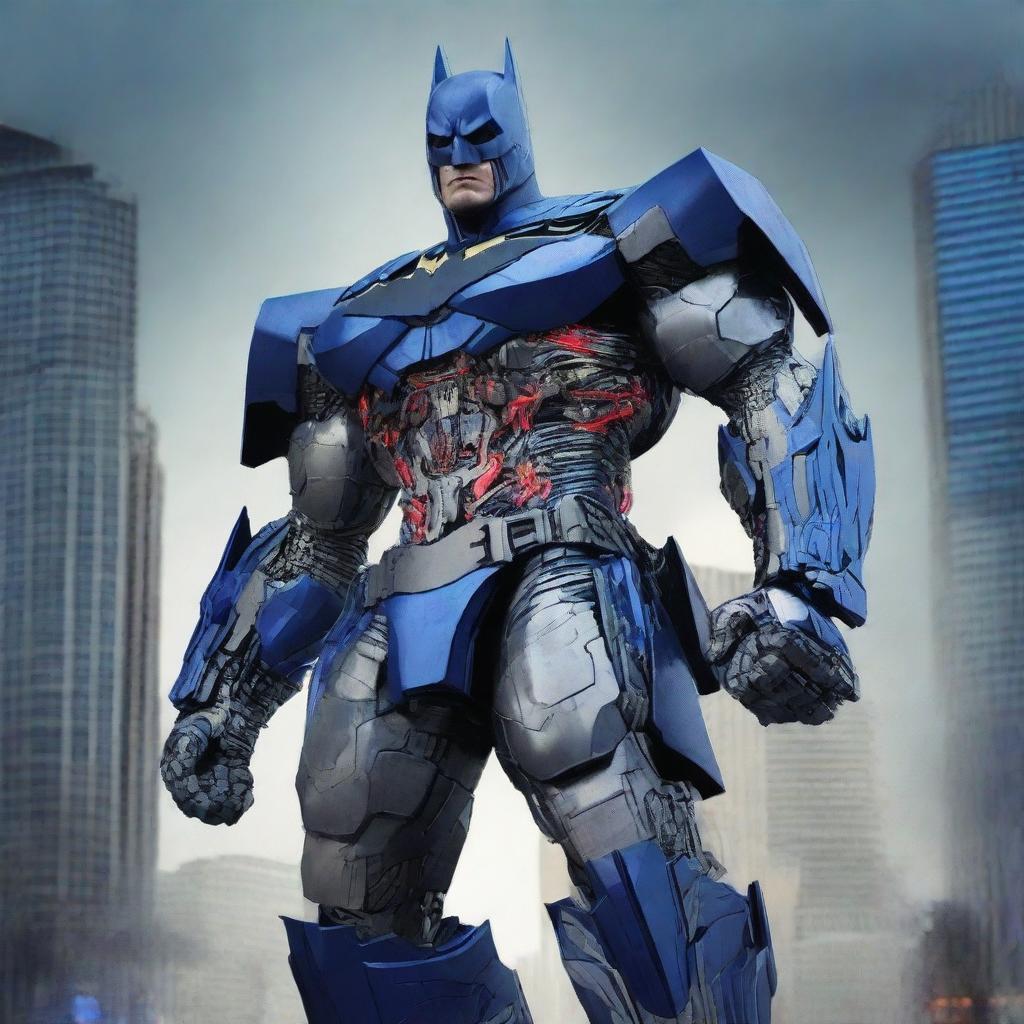 A high-quality digital art piece featuring Batman in an Optimus Prime-inspired costume