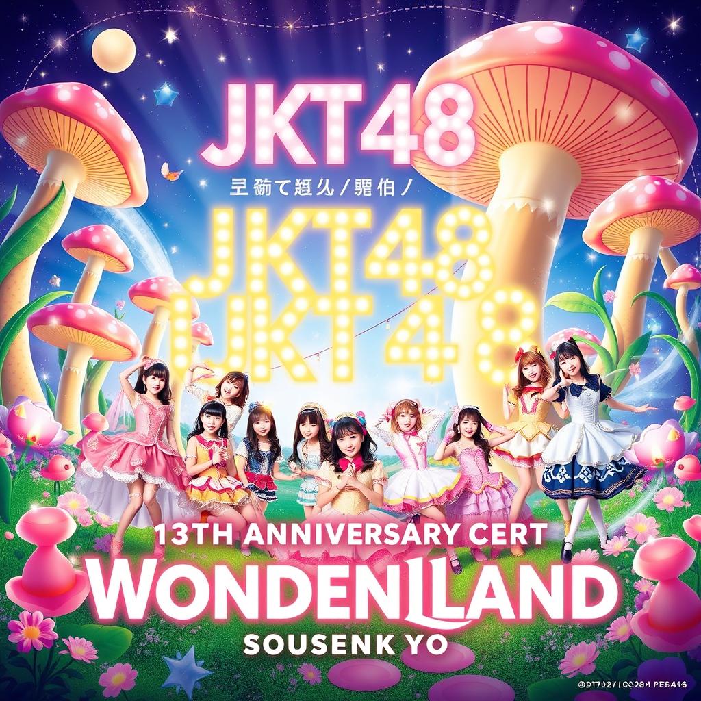 A stunning and vibrant poster for the JKT48 13th Anniversary Concert and Sousenkyo, themed 'Wonderland'