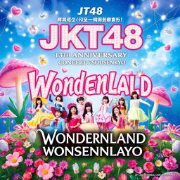 A stunning and vibrant poster for the JKT48 13th Anniversary Concert and Sousenkyo, themed 'Wonderland'