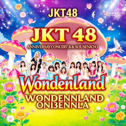 A stunning and vibrant poster for the JKT48 13th Anniversary Concert and Sousenkyo, themed 'Wonderland'