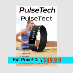 A visually striking digital banner ad showcasing a sleek smart band, featuring a vibrant image of the product prominently displayed at the center