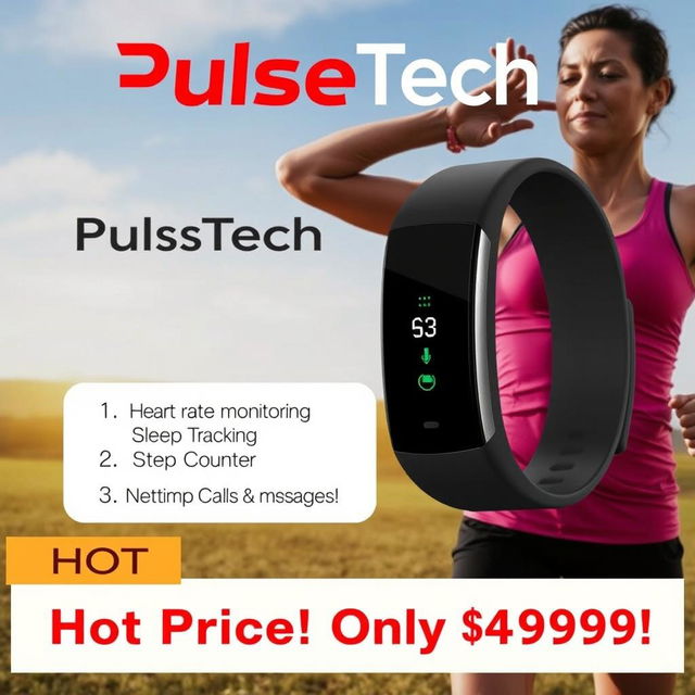 A visually striking digital banner ad showcasing a sleek smart band, featuring a vibrant image of the product prominently displayed at the center