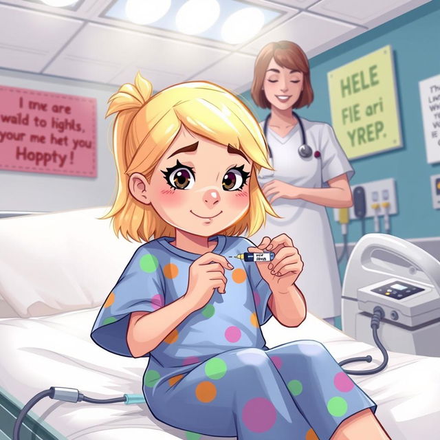 An illustration of a confident 7-year-old girl with blonde hair administering her own insulin injection at a hospital