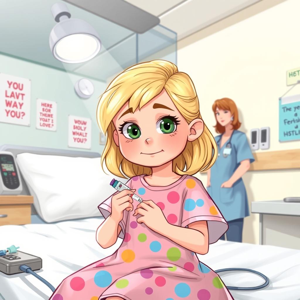 An illustration of a confident 7-year-old girl with blonde hair administering her own insulin injection at a hospital