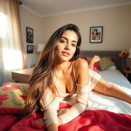 A beautiful young woman, Hani Salam, elegantly laying in a cozy bedroom
