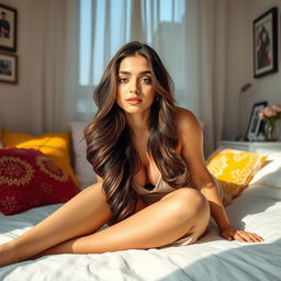 A beautiful young woman, Hani Salam, elegantly laying in a cozy bedroom