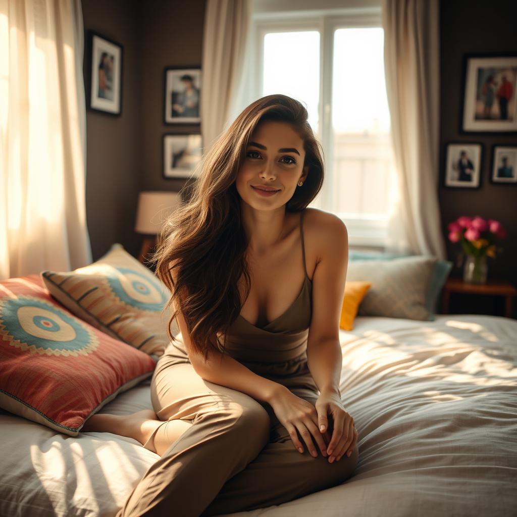 A beautiful young woman, Hani Salam, elegantly laying in a cozy bedroom