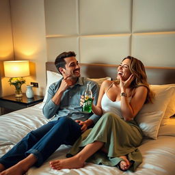 A cozy hotel room scene featuring a couple sitting on a comfortable bed