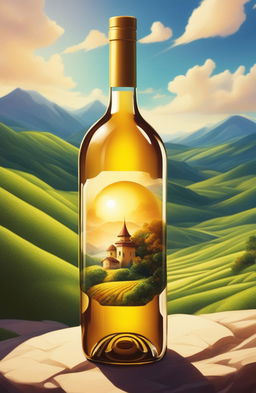 The image is a high-quality Dragonball Z styled digital art of a wine bottle in a serene countryside