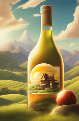 The image is a high-quality Dragonball Z styled digital art of a wine bottle in a serene countryside