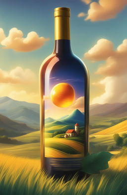 The image is a high-quality Dragonball Z styled digital art of a wine bottle in a serene countryside