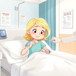 Une illustration d'une fillette de 7 ans aux cheveux blonds, s'administrant avec assurance une injection d'insuline dans la cuisse à l'hôpital