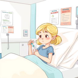 Une illustration d'une fillette de 7 ans aux cheveux blonds, s'administrant avec assurance une injection d'insuline dans la cuisse à l'hôpital