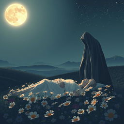 A serene and tranquil night scene depicting the concept of death gently taking a loved one’s life