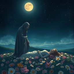 A serene and tranquil night scene depicting the concept of death gently taking a loved one’s life