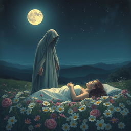 A serene and tranquil night scene depicting the concept of death gently taking a loved one’s life