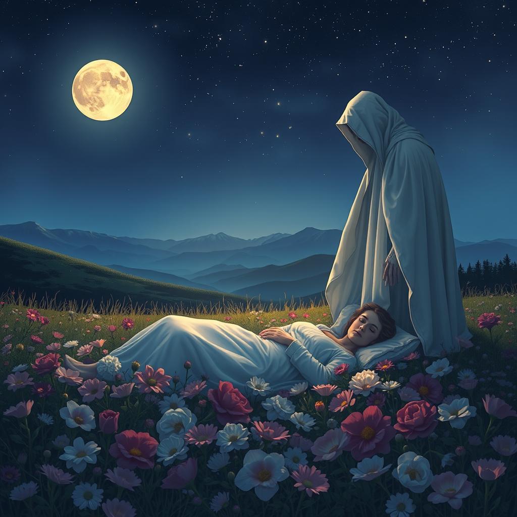 A serene and tranquil night scene depicting the concept of death gently taking a loved one’s life