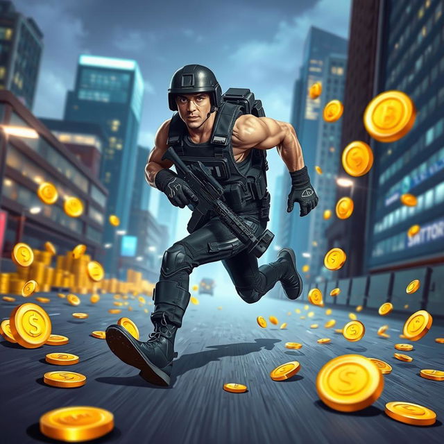 A dynamic scene depicting a SWAT team agent in full tactical gear, sprinting through an urban environment while chasing shining gold coins