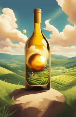 The image is a high-quality Dragonball Z styled digital art of a wine bottle in a serene countryside