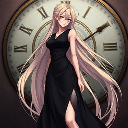 A striking character with long, flowing blonde hair that cascades down past the knee, complemented by smooth, pale skin