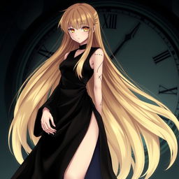 A striking character with long, flowing blonde hair that cascades down past the knee, complemented by smooth, pale skin