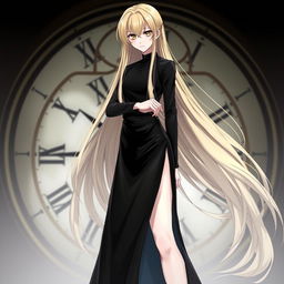 A striking character with long, flowing blonde hair that cascades down past the knee, complemented by smooth, pale skin