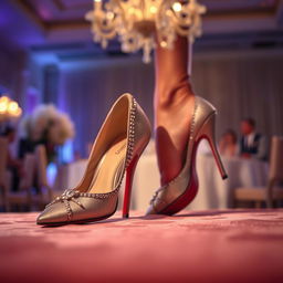 A dynamic scene depicting a pair of elegant high-heeled shoes deliberately stepping on a plush, velvety surface, creating an impression of luxurious trampling
