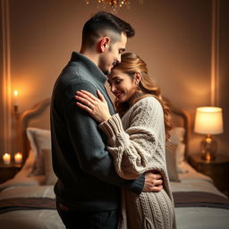 An intimate and romantic scene depicting a married couple embracing passionately