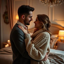 An intimate and romantic scene depicting a married couple embracing passionately