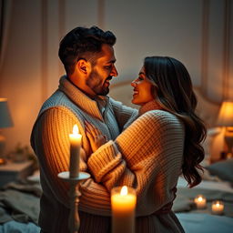 An intimate and romantic scene depicting a married couple embracing passionately