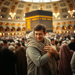 A touching scene in the Grand Mosque in Mecca, where a son carries his elderly mother in his arms