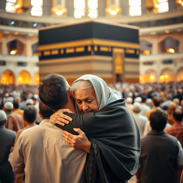 A touching scene in the Grand Mosque in Mecca, where a son carries his elderly mother in his arms