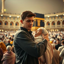 A touching scene in the Grand Mosque in Mecca, where a son carries his elderly mother in his arms