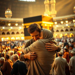 A touching scene in the Grand Mosque in Mecca, where a son carries his elderly mother in his arms